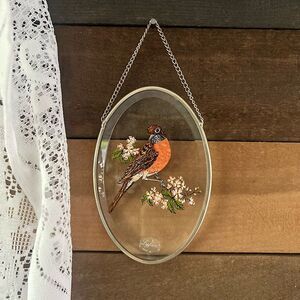 Vintage Bird Lyford Robin Sun Catcher Beveled Glass Window Hanging Floral Design